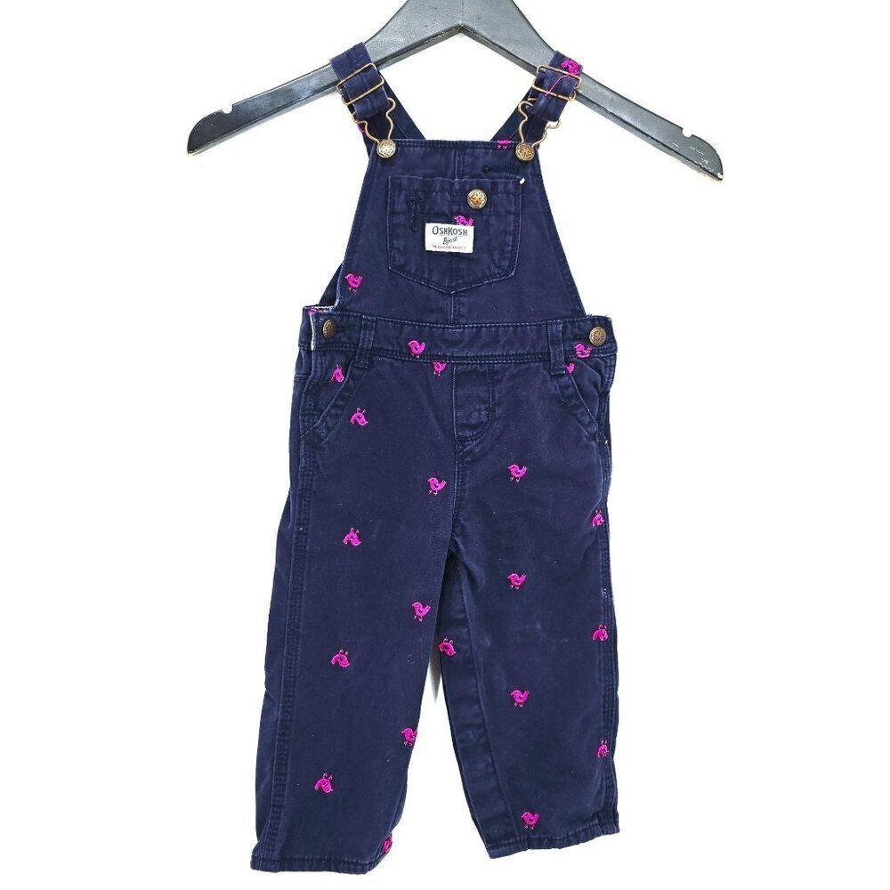 Osh Kosh Vestback Baby Navy Blue Pink Embroidered Bird Jumper Overalls 18 MOS